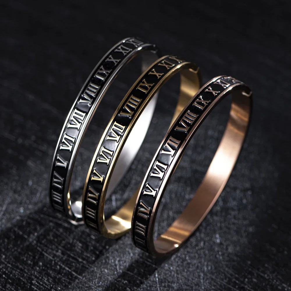 New Design Cuff Bracelet Bangl Enamel Carving Roman Numeral Couple Roman Bangle For Men Women Stainless Steel Jewelry