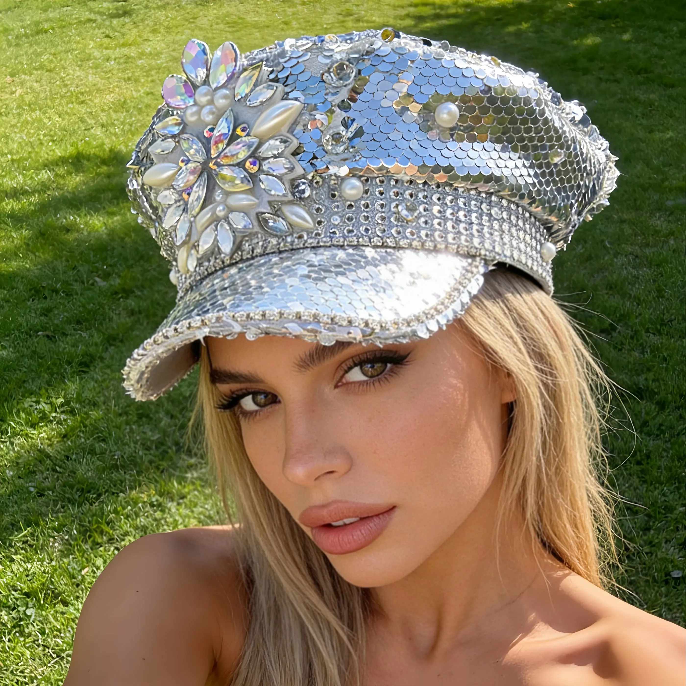 HongLuan Shiny Silvery Captain Hat Rhinestone Letters Woman, Wedding Sailor Caps Women, Military Accessories & Military Cap Man