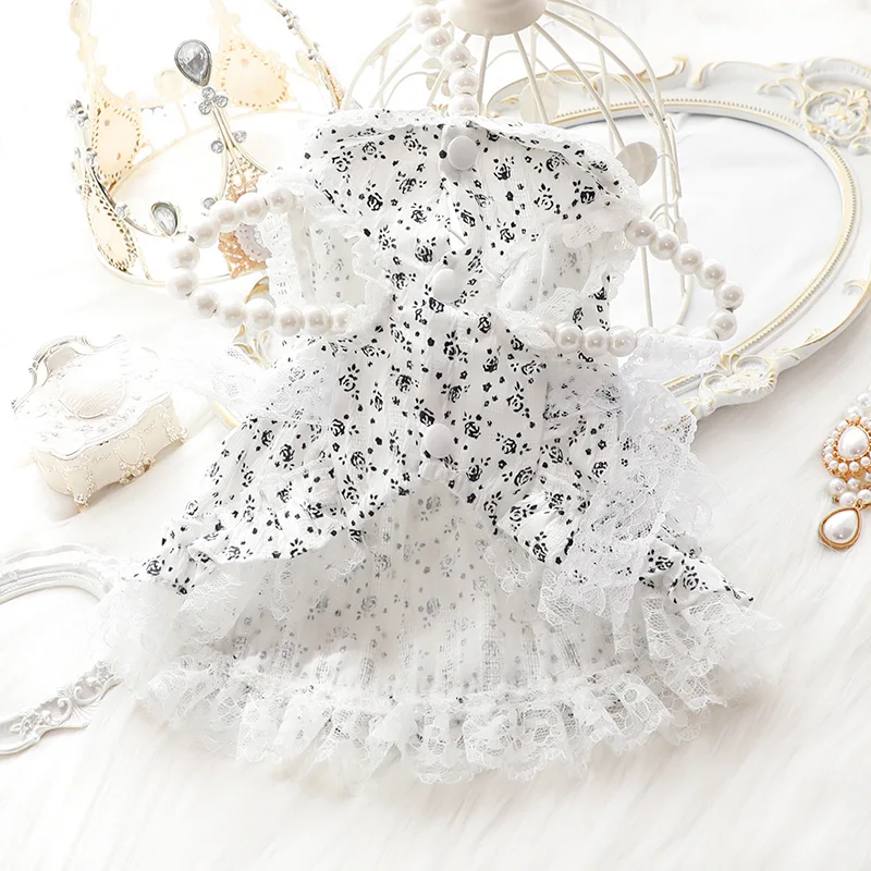 Dog Clothes Spring Summer Thin Cat Princess Dress Black Floral Lolita Small Dog Teddy Pet