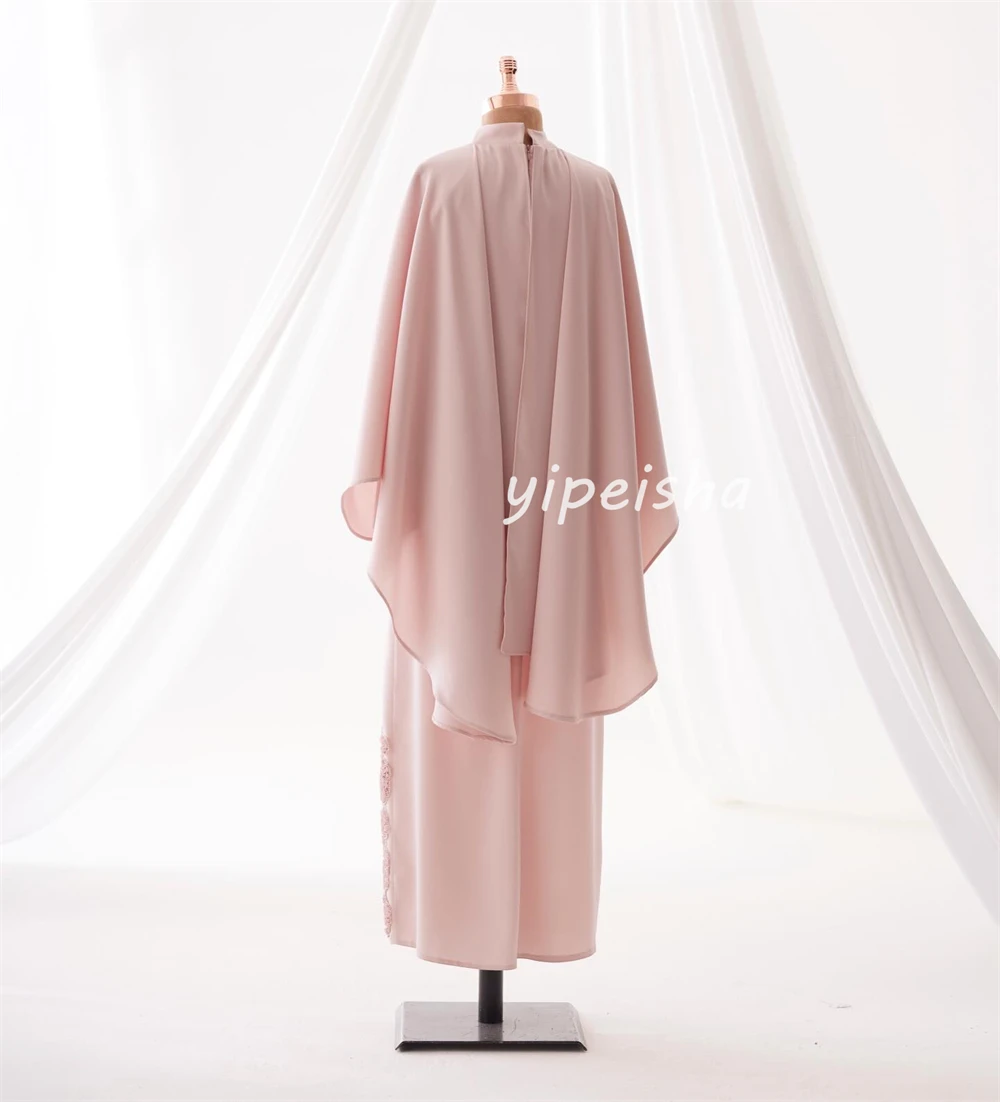 

Customized Classic Women Jersey Handmade Flower Beading Straight Evening Dresses Elegant High Collar Sleeveless Long Party Gowns