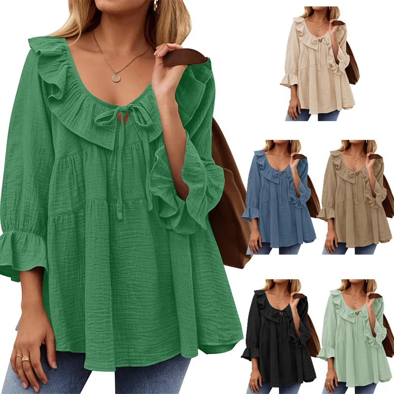 Summer Vintage Short Sleeve Shirt Tops Woman Casual Splicing Blouse Female V-Neck Solid Blusas Stylish Button Cuffs Chemise 2025