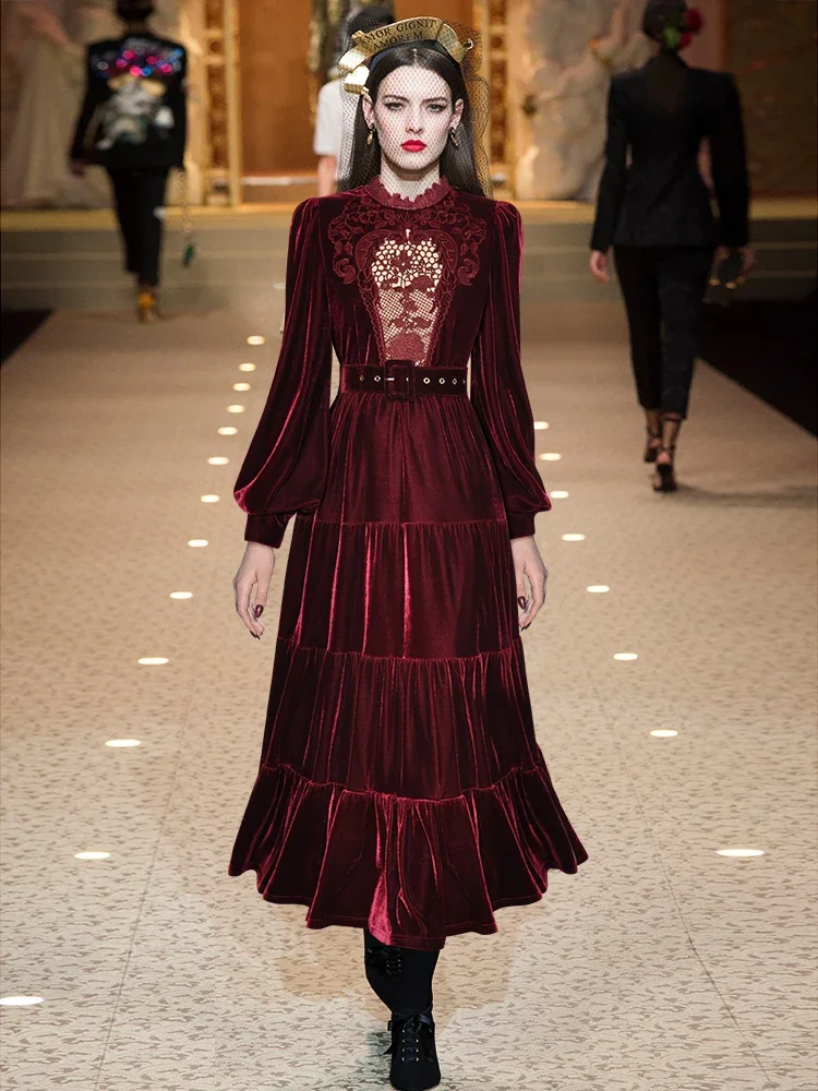 

Autumn Fashion Runway Women Wine Red Vintage Velvet Dress Stand Collar Embroidery Sashes Gathered Waist Slim Long Dress