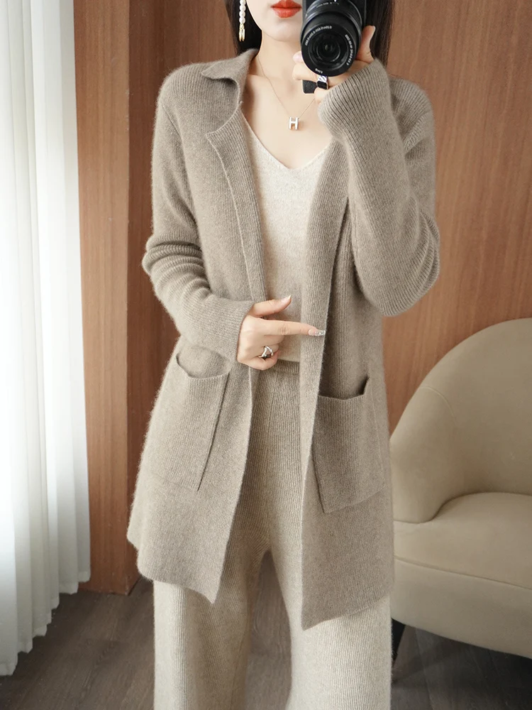 Cashmere Sweater Ladies Lapel Cardigan Spring and Autumn New Buttonless Jacket Casual Knitted Loose Korean Fashion Pure Wool Top