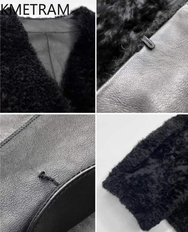 KMETRAM 100% Natural Lacon Wool Sheepskin Fur Coat Classic Black Women's Party Winter Jacket Winter Simple Clothing 2025 шуба