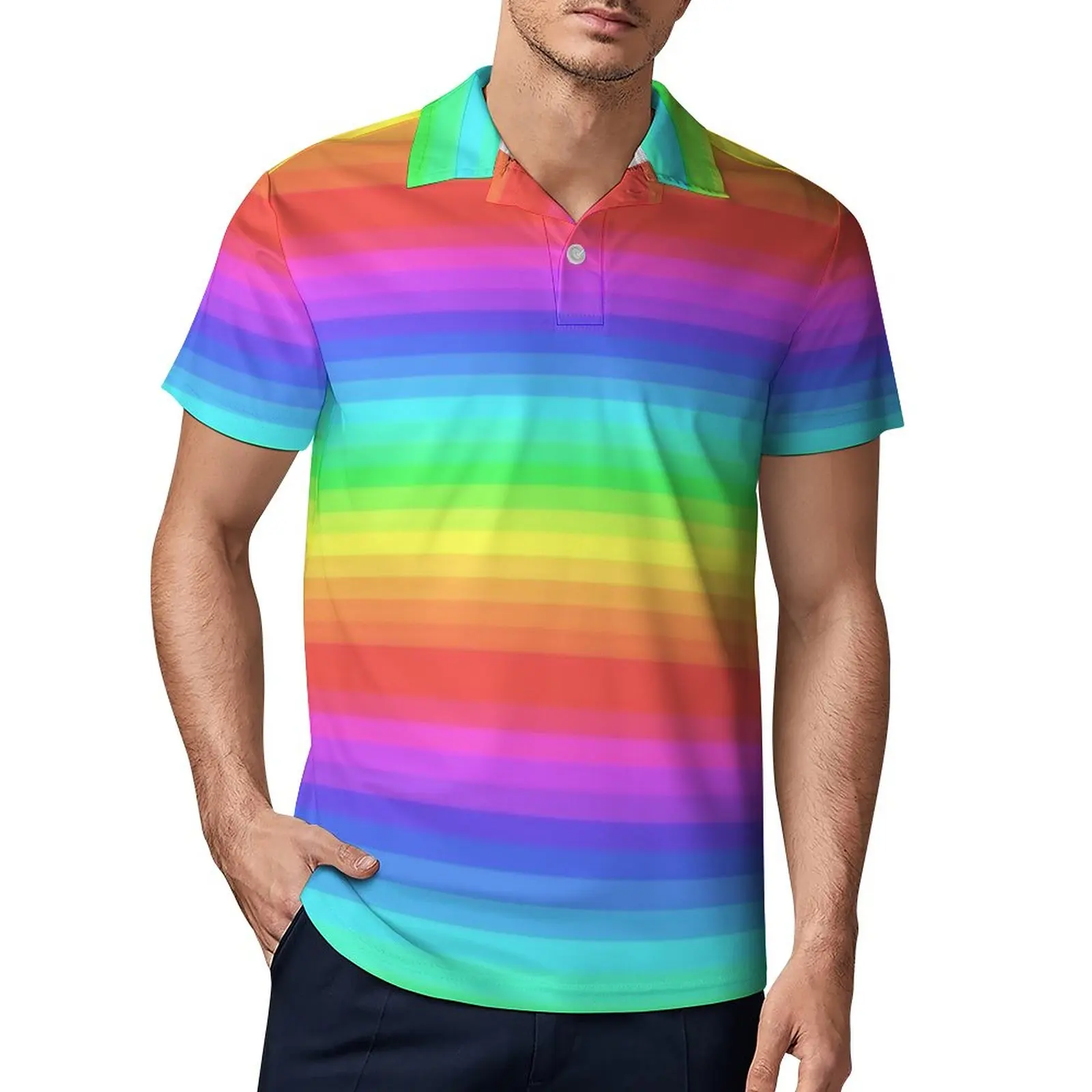 

Bright Rainbow Casual T-Shirts Colorful Stripes Print Polo Shirt Collar Cool Shirt Summer Mens Graphic Top Large Size