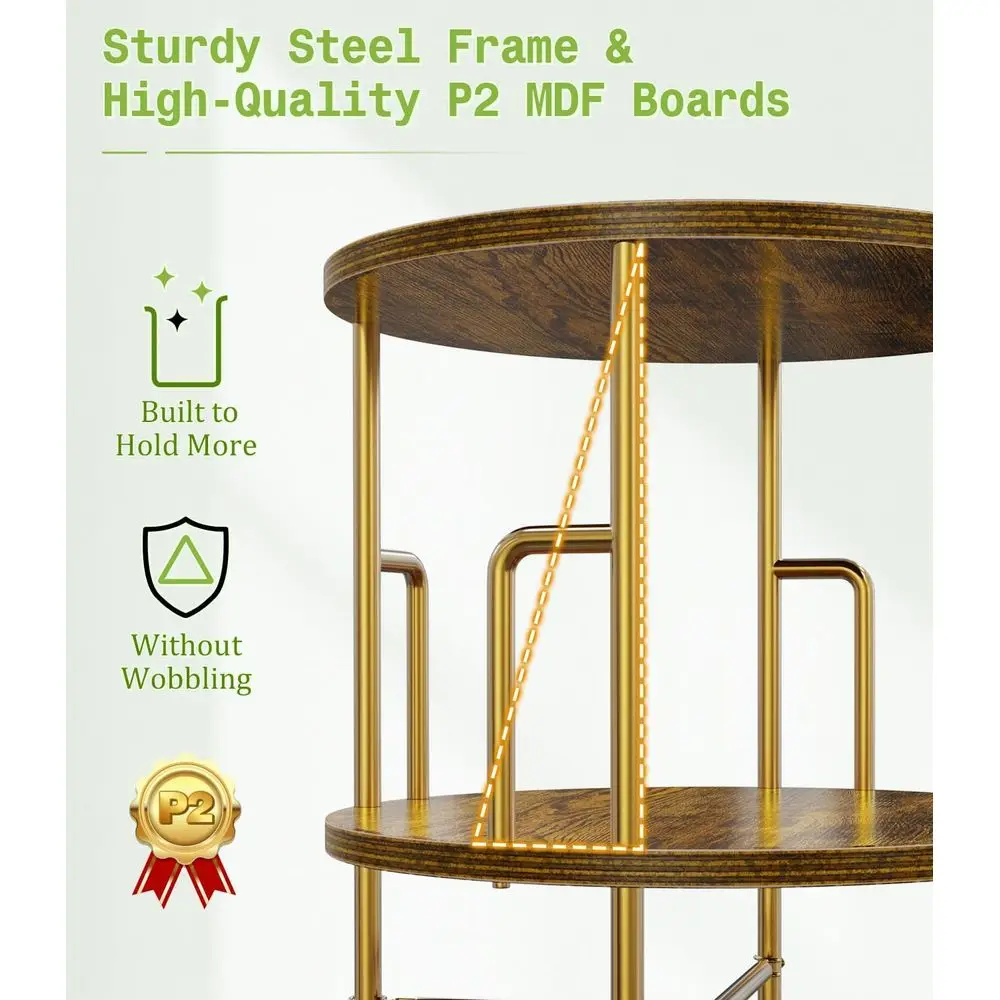 Gold 37 3-Tier Rotating Bookshelf Tower - Floor Standing, Anti-Tip Design, Metal & Wood, Space-Saving for Small Spaces, Ideal fo