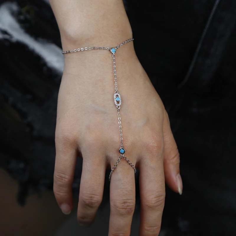 New Link Chain Ring Bracelets for Women Paved Turquoise and White Cubic Zirconia Gold Platinum Plated Color Fashion Jewelry