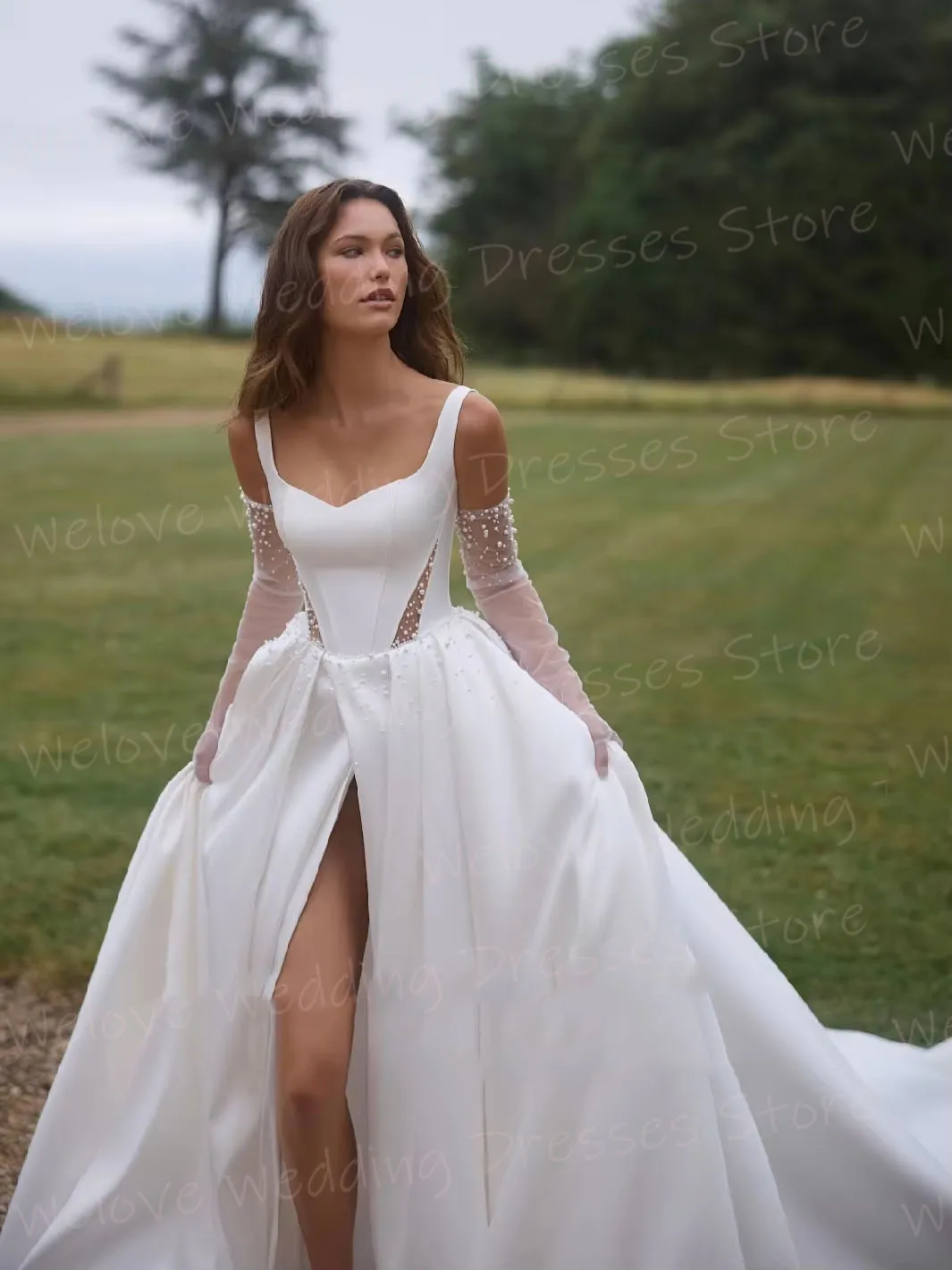 

Charming A Line Women's Wedding Dresses Spaghetti Straps Robe De Mariée Customized Sleeveless Pearl Bride Gowns Vestido De Novia