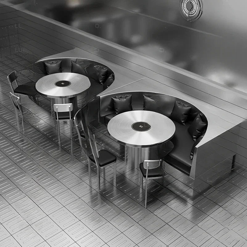 Industrial style stainless steel hot pot, barbecue, string incense restaurant, wall sofa, deck table and chairs