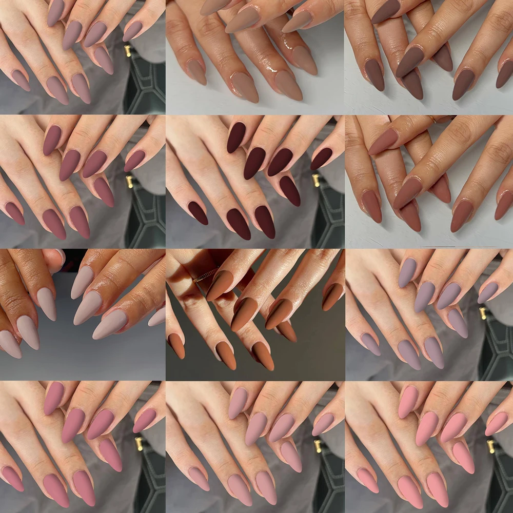 288Pcs (12Mixed)Long Almond Matte Brown Nails Design Acrylic Press On Nails Almond Perfect Fit Acrylic Fake Nail Set, Easy To We