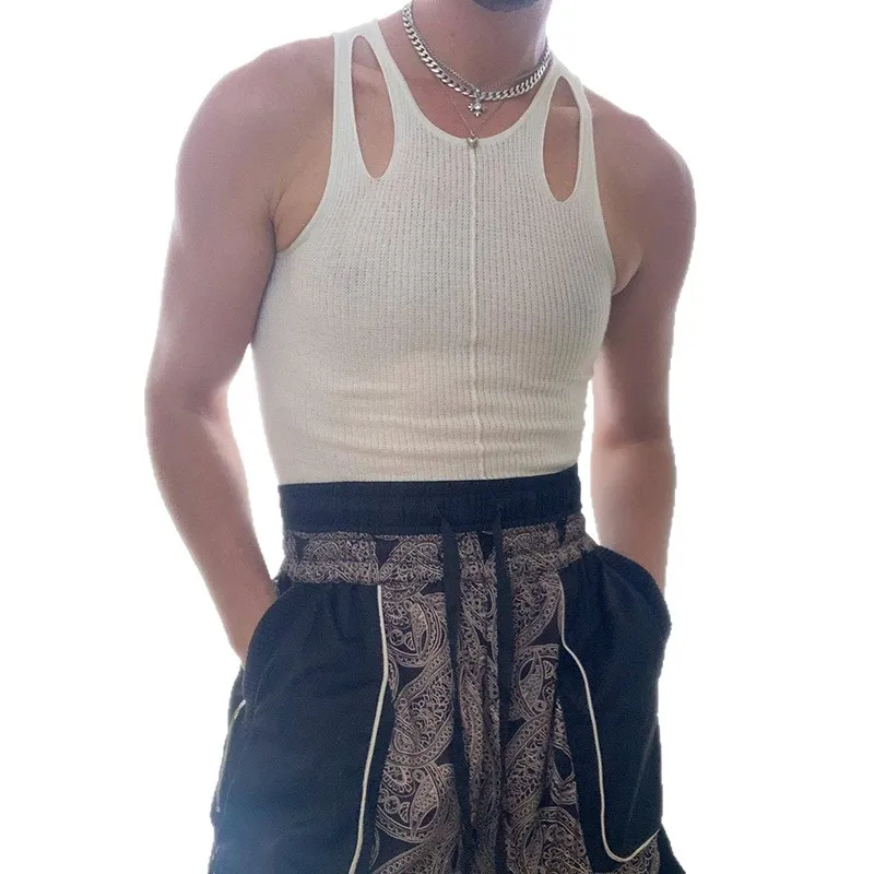 جديد الرجال سترة الصيف ثقب جوفاء تصميم محبوك تانك الأعلى أكمام الصيف أزياء الدبابات القمم