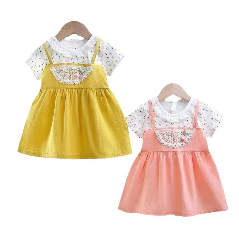 Summer Baby Girl Dress Embroidery Cherry Kid Girl Clothes Lace Collar Fashion Mini Dress Princess Party Costume 0-4Y Baby A1200