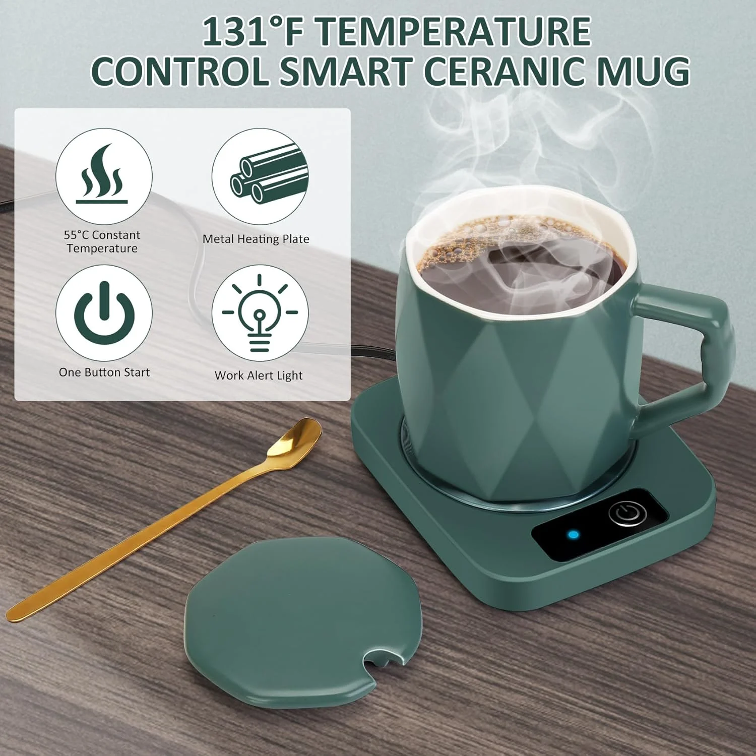 Coffee Warmer with Ceramic Mug,  Coffee Warmer for Desk  Office, 131℉ Temperature Control, 16 Watt, Smart Coffee Cup Warmer fo