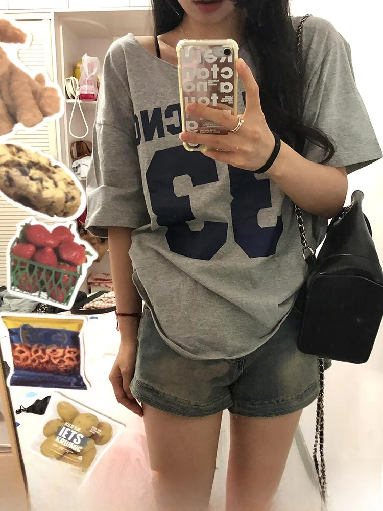 Retro American Grey Shoulder Bared Short Sleeve T Shirt Women Summer Casual Loose Fit Versatile Cotton round Neck Top