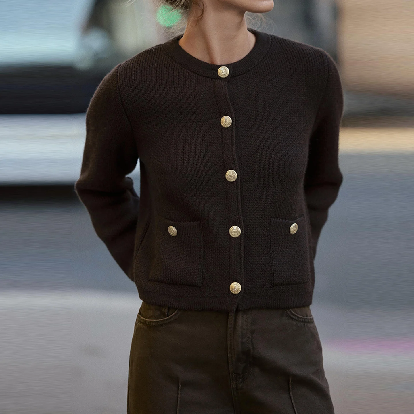 Z 여성 니트 자켓 골드 버튼 엘레 패션 2025 신상 롱 슬리브 라운드 넥 오픈 가디건 데일리용