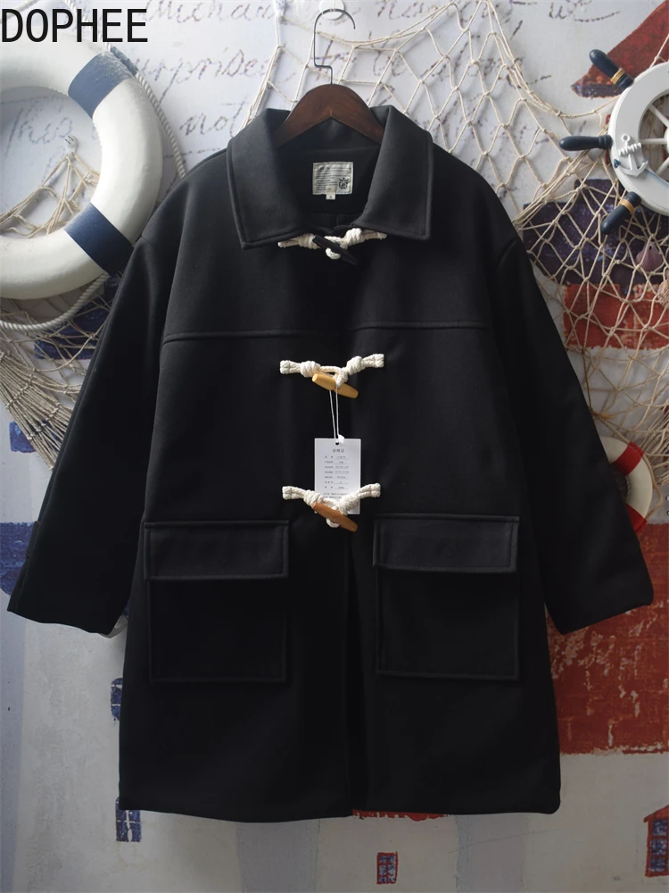 

Japanese Preppy Style Autumn Winter Quilted Coat Women Turn-down Collar Thicken Woolen Jacket Horn Button Mid-long Overcoat