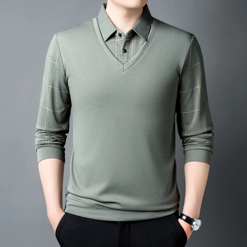 

Мужская одежда, искусственный полосатый пуловер из двух предметов, пуговицы-фонарики с длинными рукавами и отложным воротником, модная официальная футболка, топы