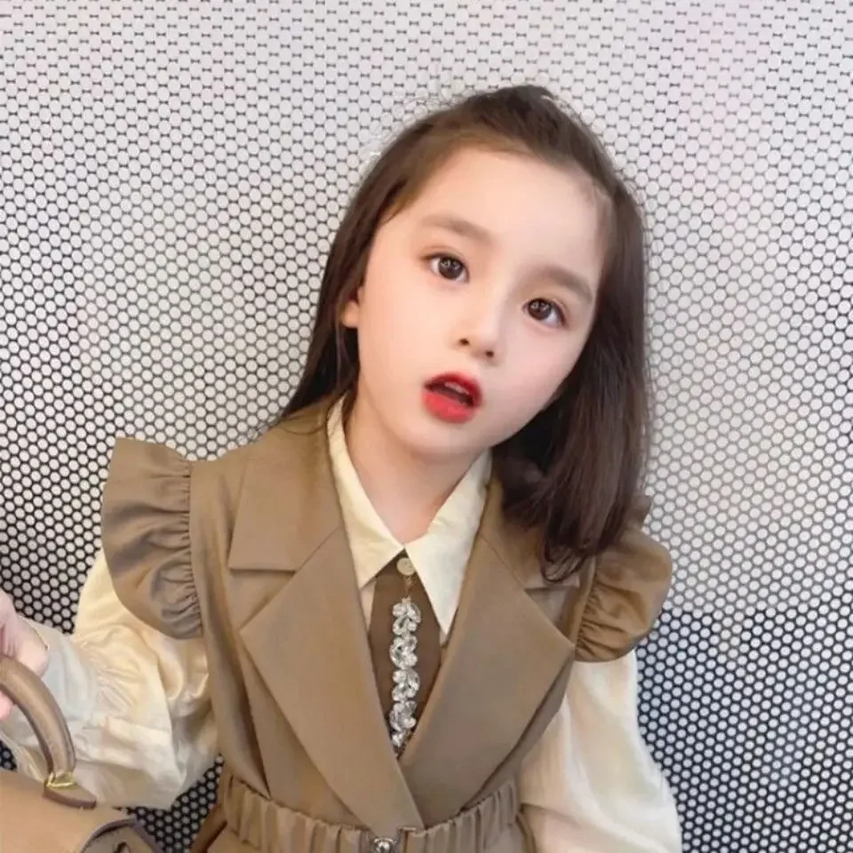 

Kids Boutique Clothing Baby Girl Autumn 2025 New 2 Pieces Sets Coat Retro Shirt Vest Necktie Belt Solid Color Long All-match