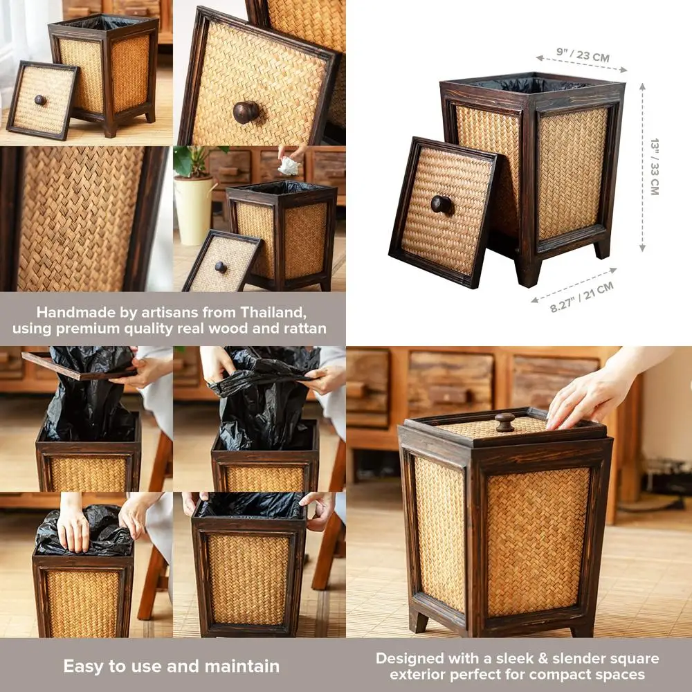 

Handcrafted 7-Liter Rattan Square Trash Bin with Lid - Brown Decorative Wastebasket for Kitchen and Bathroom