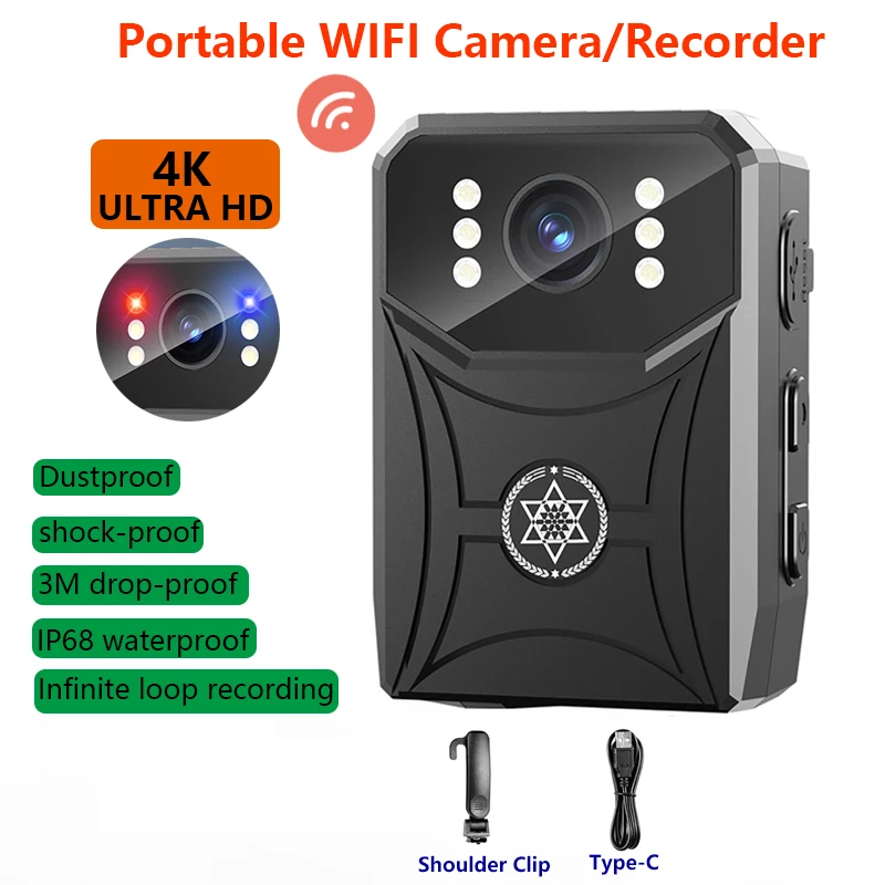 4K High Definition Camera WIFI Connection Infrared Night Vision Security Wearable Recording Instrument Portable for Police