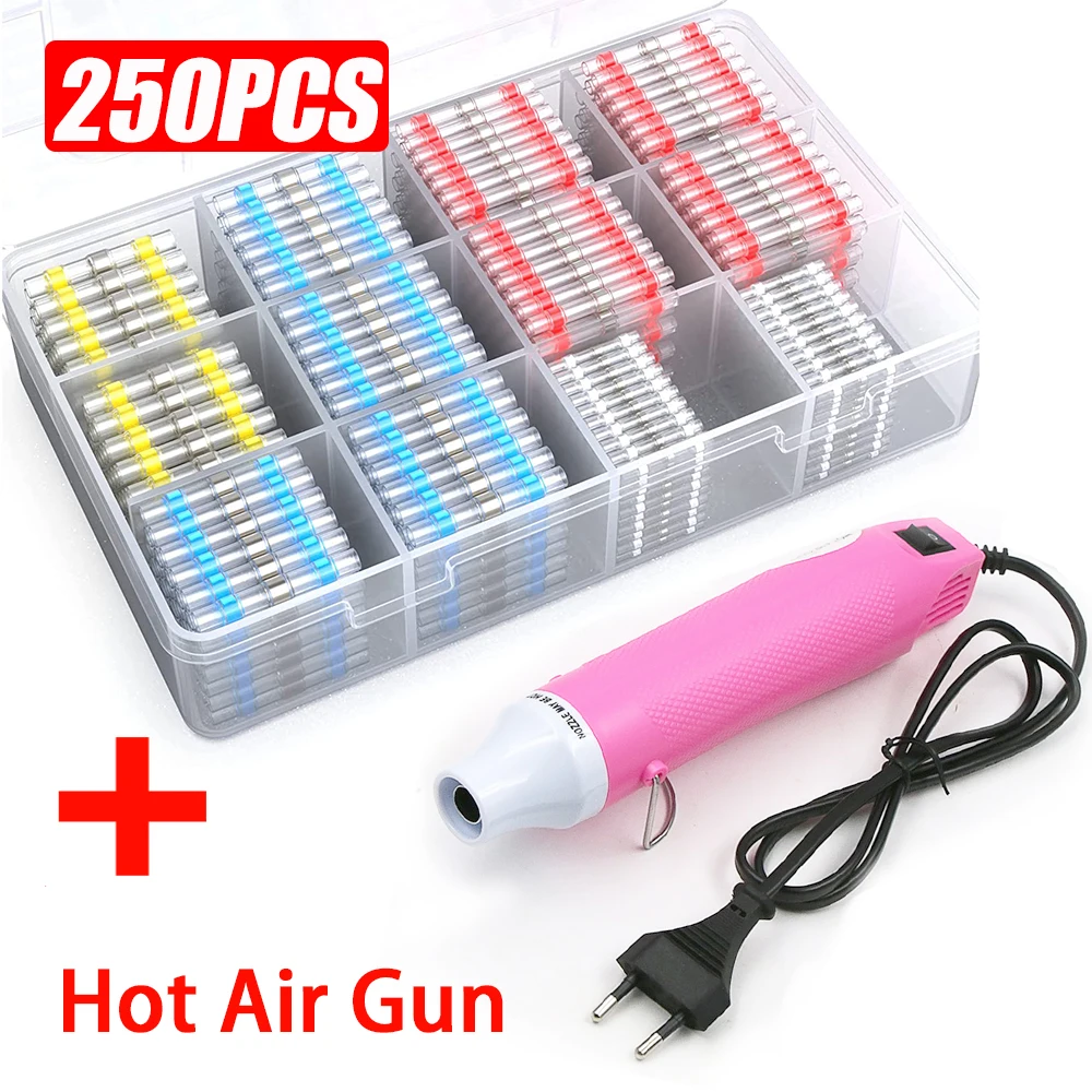 250PCS Waterproof Heat Shrink Butt Crimp Terminals Solder Seal Electrical Wire Cable Splice Terminal Kit with Hot Air Gun