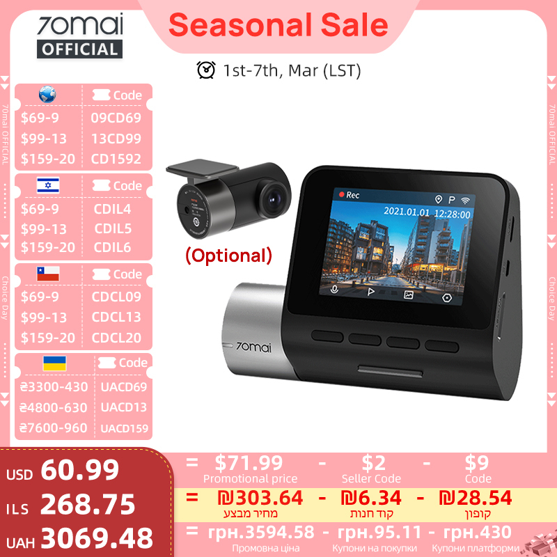  70mai Dash Cam Pro Plus A500S 1944P ADAS GPS Camera 70mai Front Cam A500S 140FOV Car DVR 24H Parking Support Rear Interior Cam 