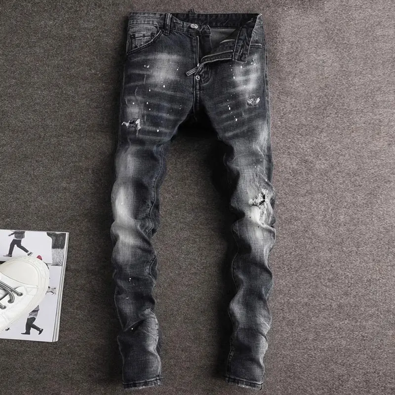 

Street Fashion Men jeans High Quality Retro Black Gray Stretch Slim Fit Ripped Jeans Men Brand Designer Vintage Denim Pants