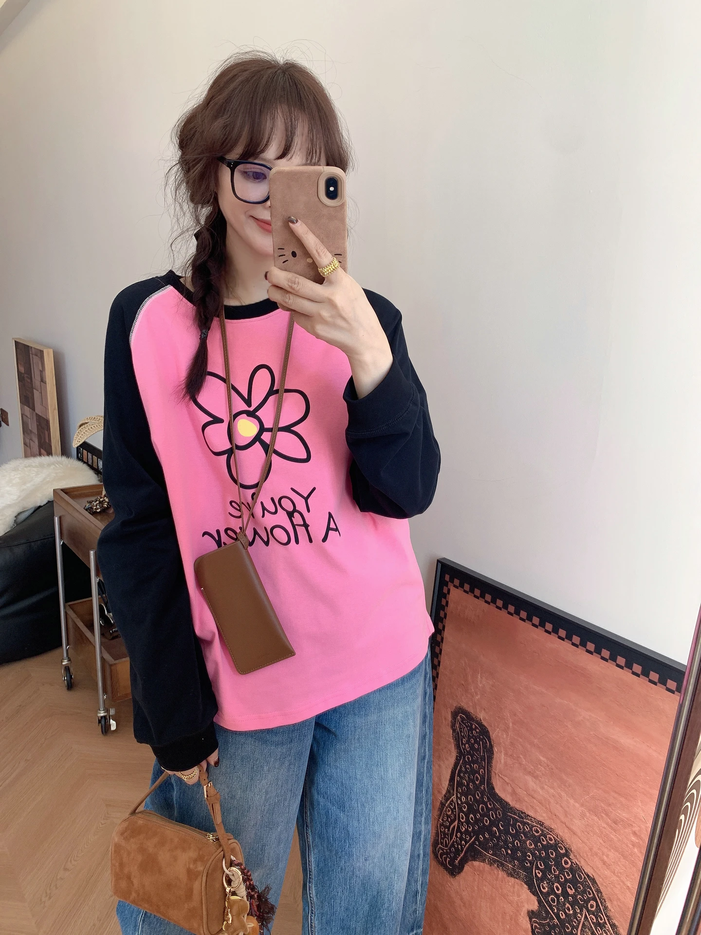 

Autumn Winter Thiened Pure Cotton Printed Cute oulder Sve T-irt Women's Color Blo Long Sve Top Breathable Comfo...