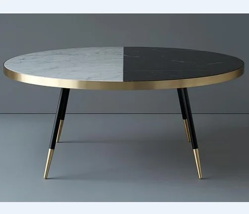 bv-Contemporary Wood with Stainless Steel Gold Legs Two-Tone Marble Top Round Coffee Table·