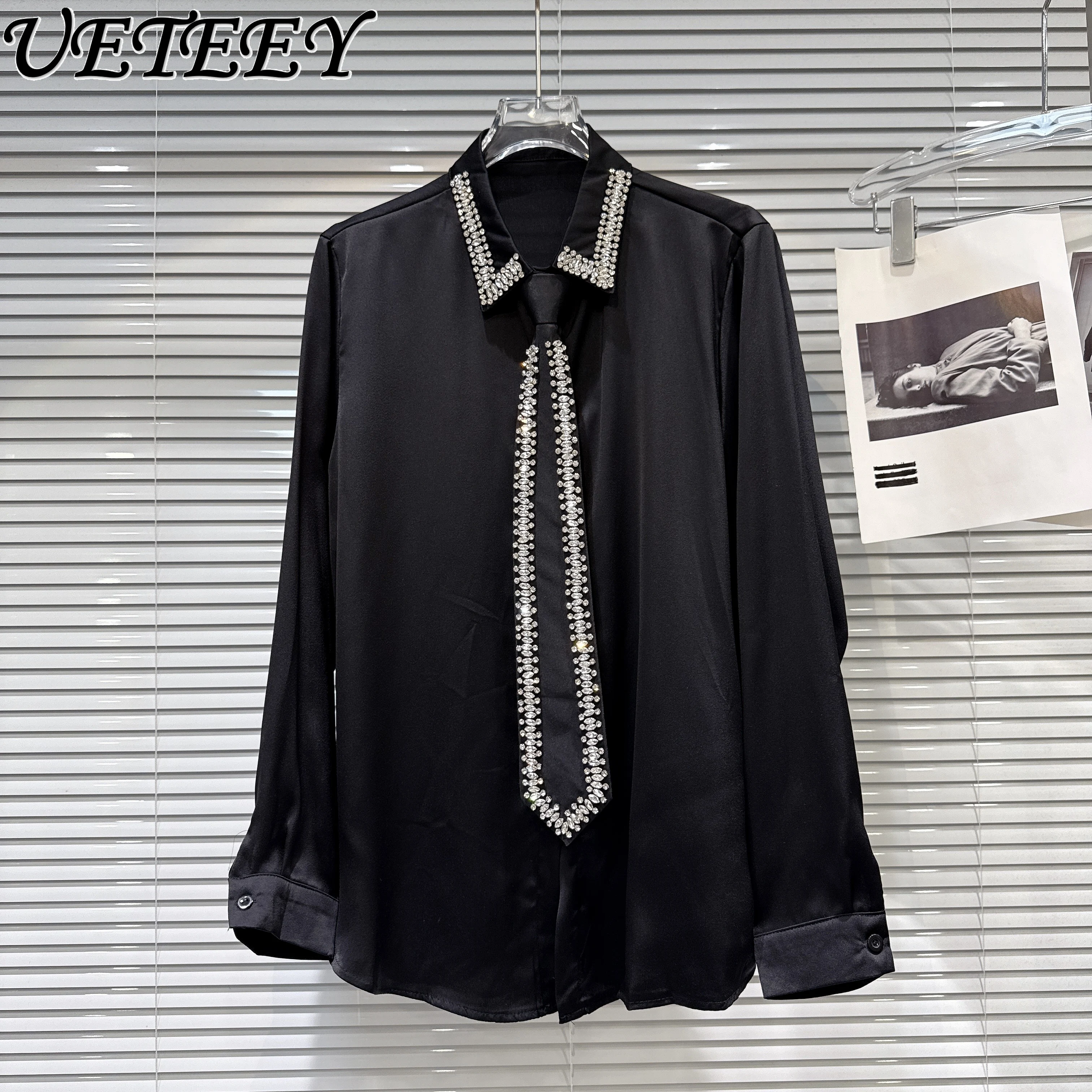 

2026 Winter New Heavy Craft Fashion Rhinestone Edge Tie Acetate Fabric Long Sleeve Shirts Blouse Versatile White Shirt for Women