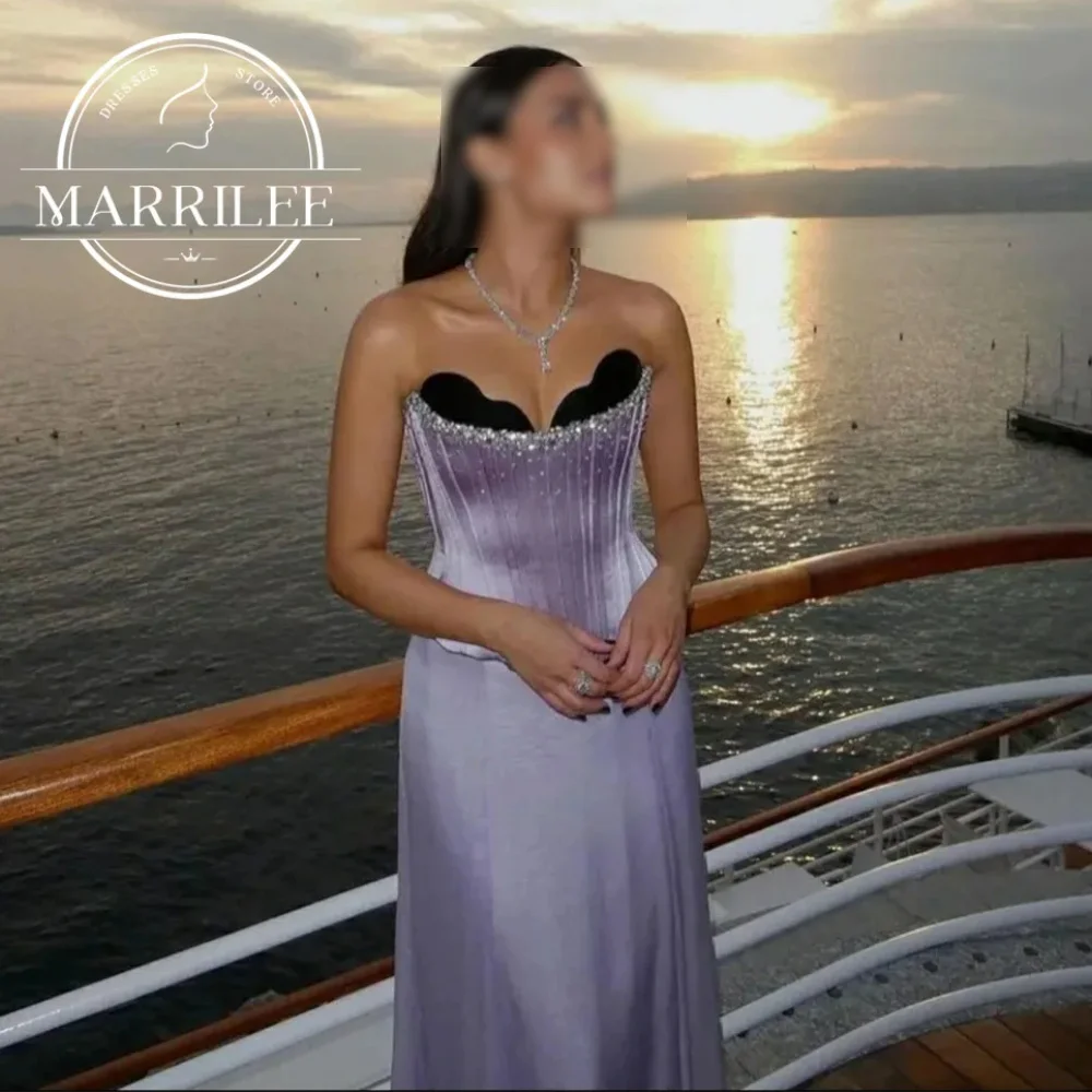 Marrilee Charmante Paarse Liefje Strapless Chiffon Avondjurken Elegante Pailletten Vloerlengte Veterfeestjurken 2024