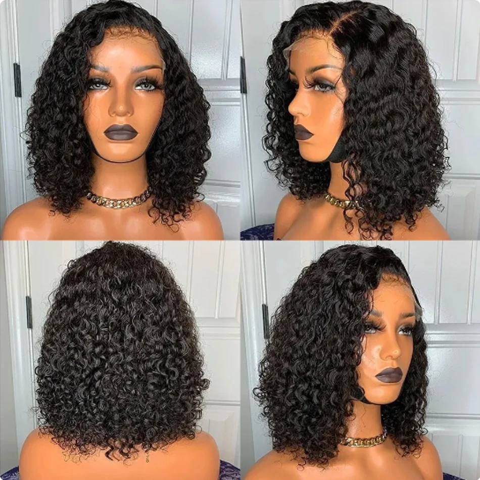 Glueless curto Bob peruca, Kinky peruca encaracolada, Lace Frontal, pré arrancado, Remy barato, 100% peruca de cabelo humano, 13x4, 8-16 polegadas, ir Jerry Curl