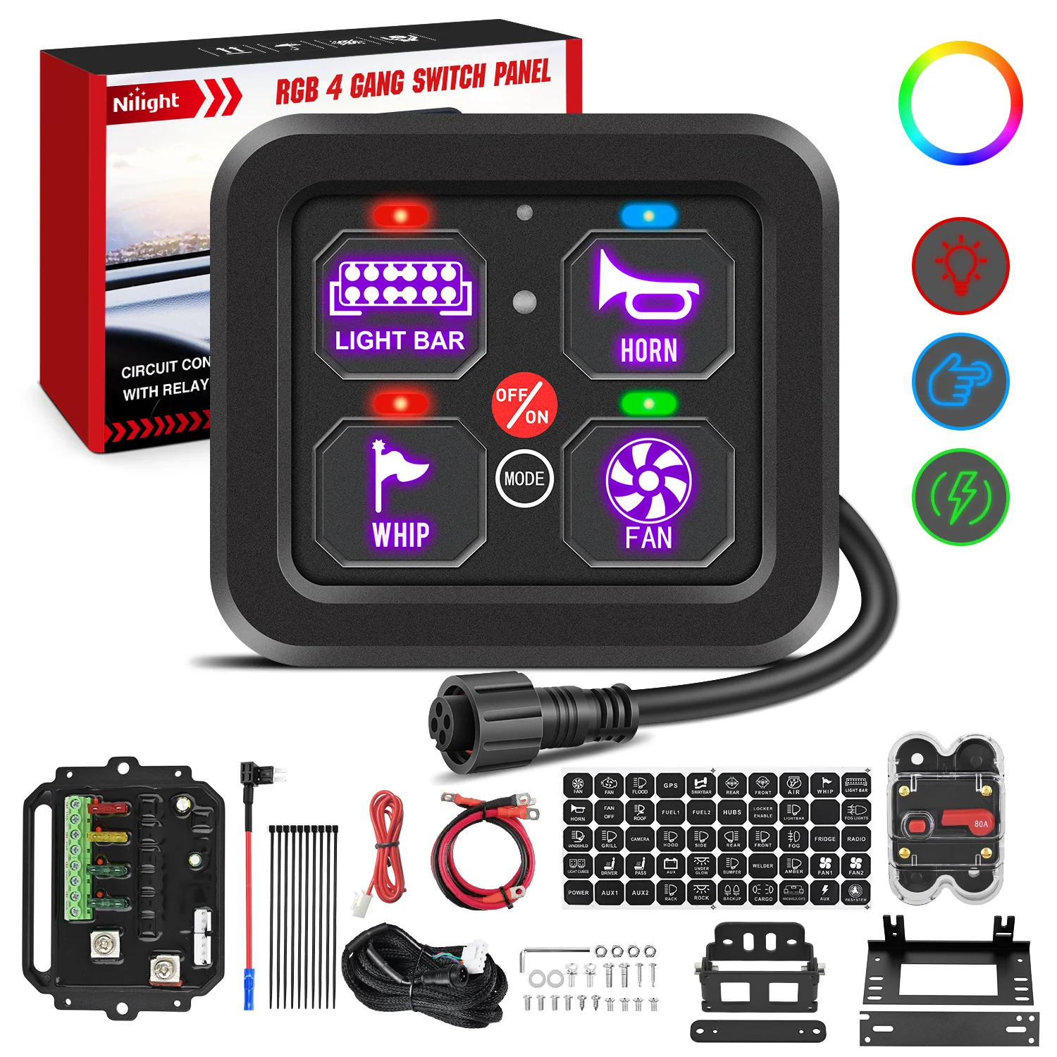 Nilight 4 Gang Switch Panel 12V 24V Universal Circuit Control Relay System with RGB Backlight Fuse Wiring Harness Automatic Dimmable ON Off LED Pod for Car Pickup Truck Camper SUV