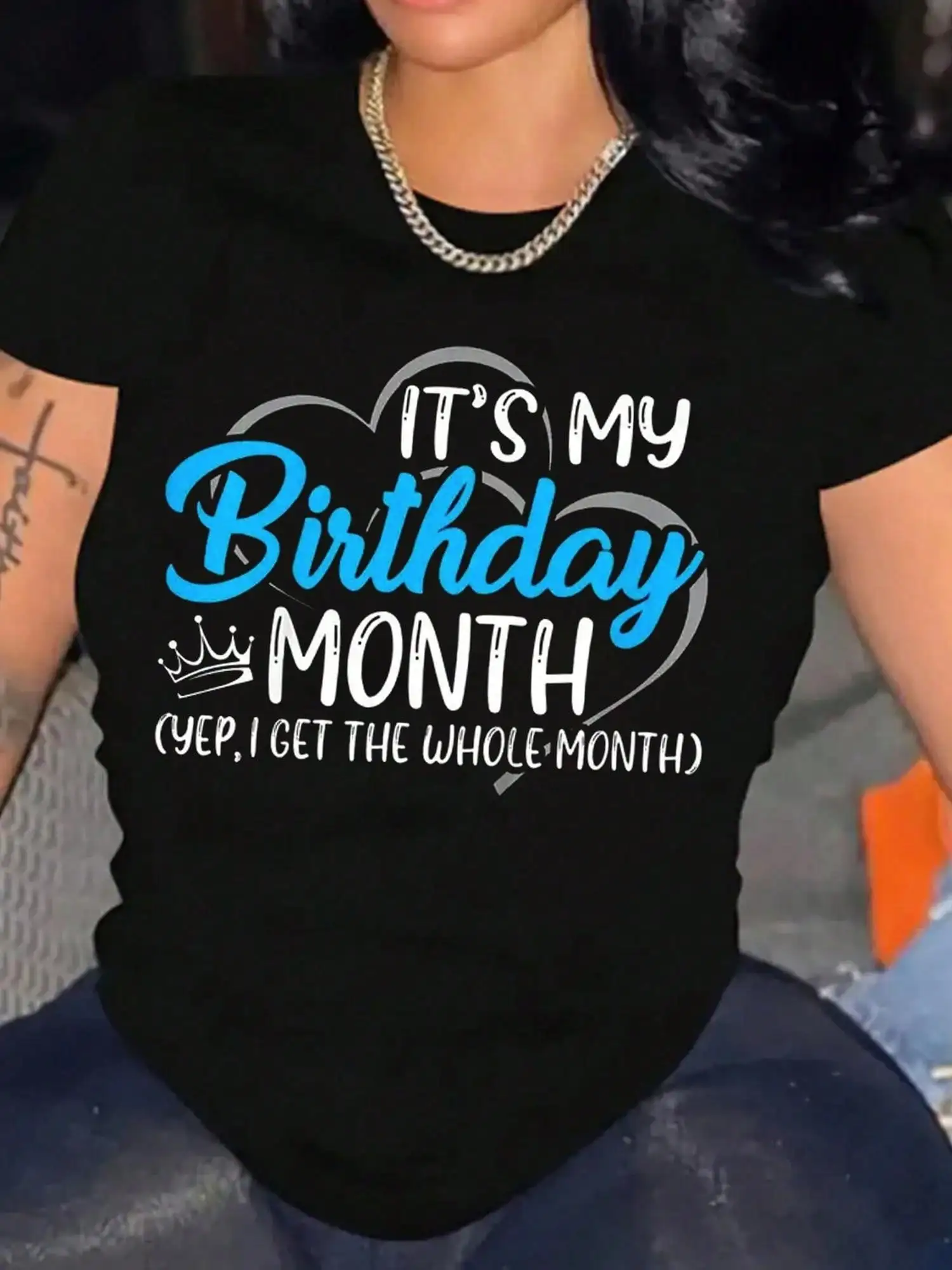 

Women's Birthday Month Graphic Tee - Short Sleeve Crew Neck Black T-Shirt with Blue Text & Crown Design