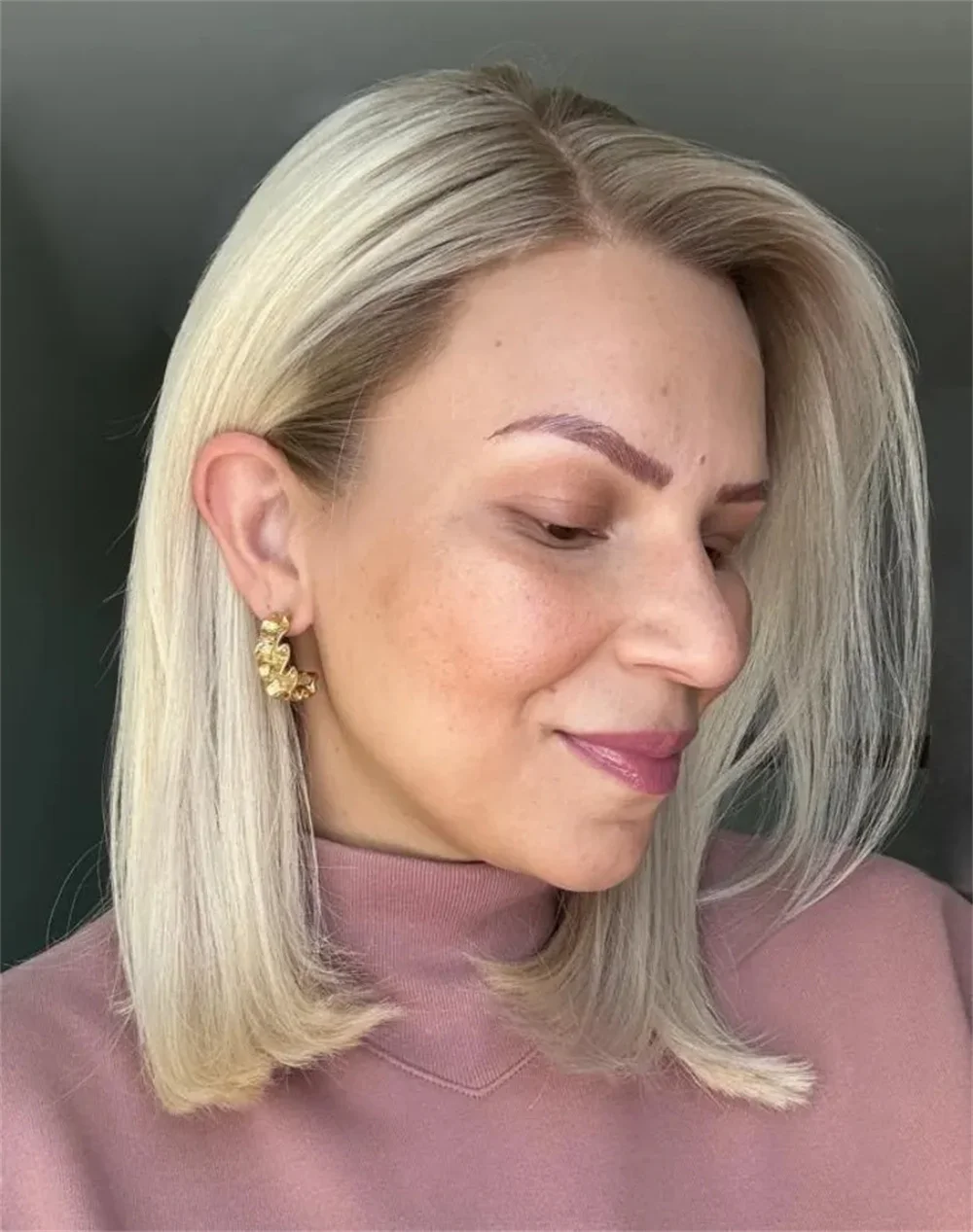 HD Lace Wig Platinum Blonde Highlight Short Bob Wig Ash Roots Synthetic Fibre Mixed 5% Human Hair Wig Straight Short Wig 12''