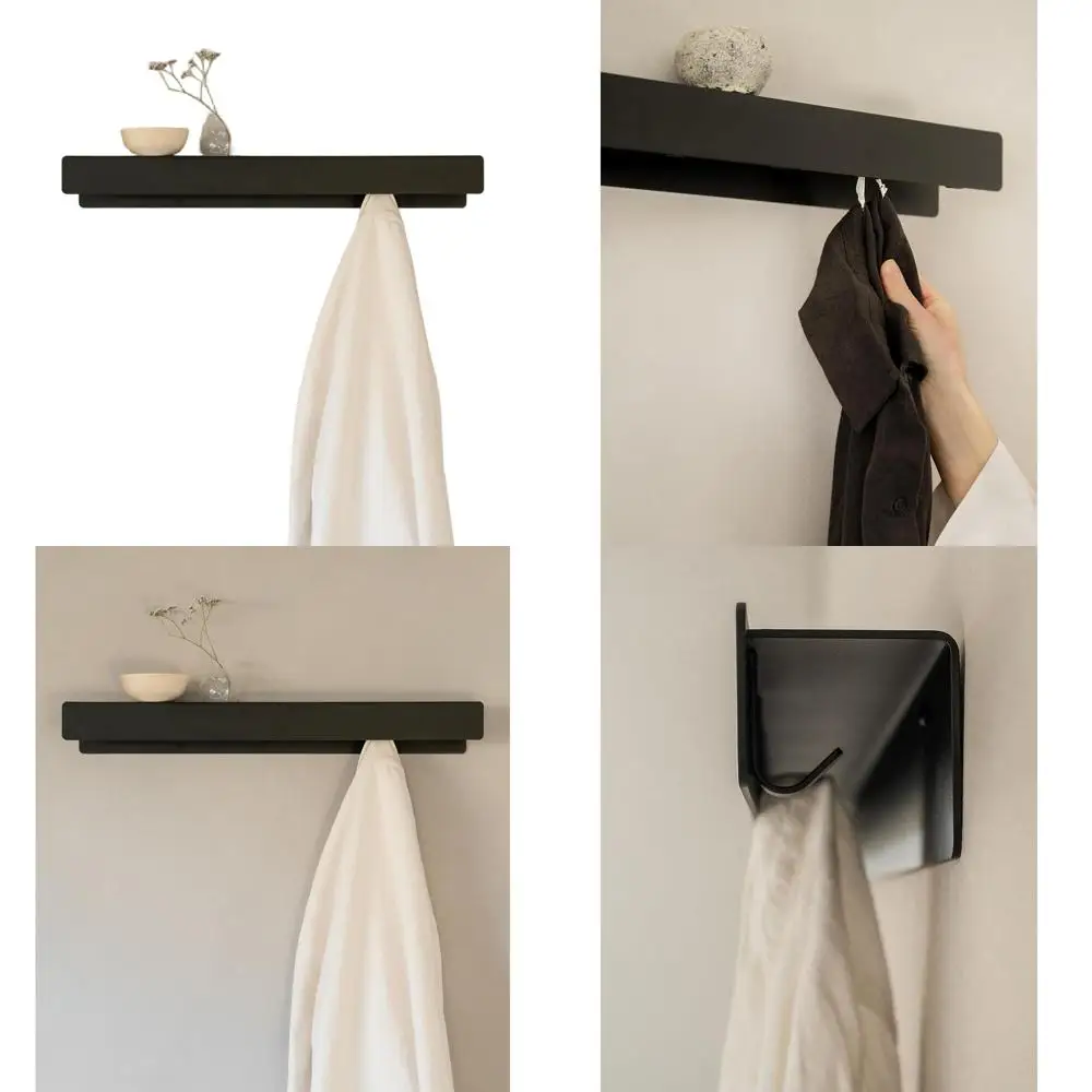 

Modern Metal Wall-Mounted Coat Rack with Concealed Hooks and Shelf, Heavy-Duty for Entryway, Black