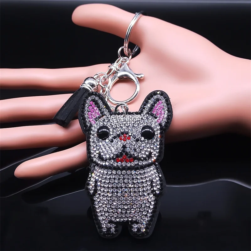 Cute French Bulldog Crystal Tassel Keychain Bag Accessories Lovely Animal Dog Keyring Holder Pet Lover Gift Jewelry porte clé