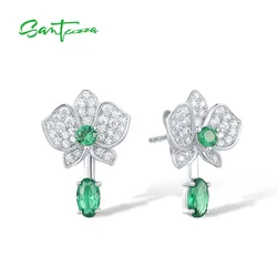 SANTUZZA Real 925 Sterling Silver Stud Earrings For Women Sparkling White CZ Green Spinel Flower Dangling Delicate Fine Jewelry