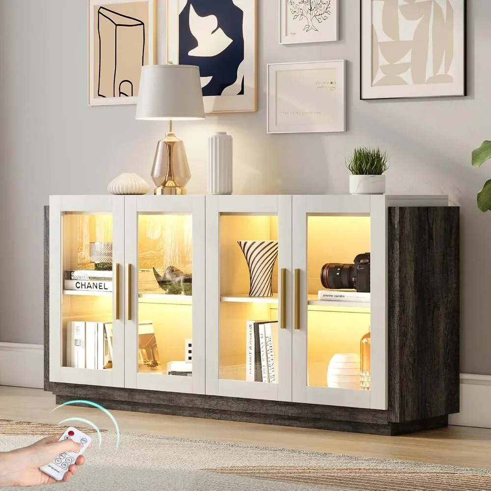 Display Cabinet with LED Lights, Adjustable Shelf, Glass Doors, Modern Storage Mixed Color Accent Cabinets, Display Cabinet