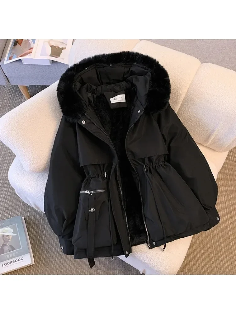 Damska kurtka puchowa z polarową podszewką, zimowy płaszcz z kapturem, ciepła parka z regulowanym ściągaczem, koreańska odzież codzienna streetwear, damska kurtka puchowa.