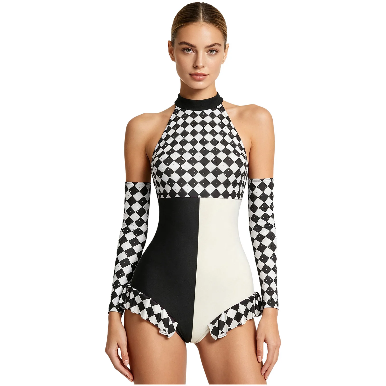 Womens Clown Cosplay Costume Halter Backless Ruffled Leotard with Rhinestone Checkerboard Gloves for Halloween Carnival Outfits view 5