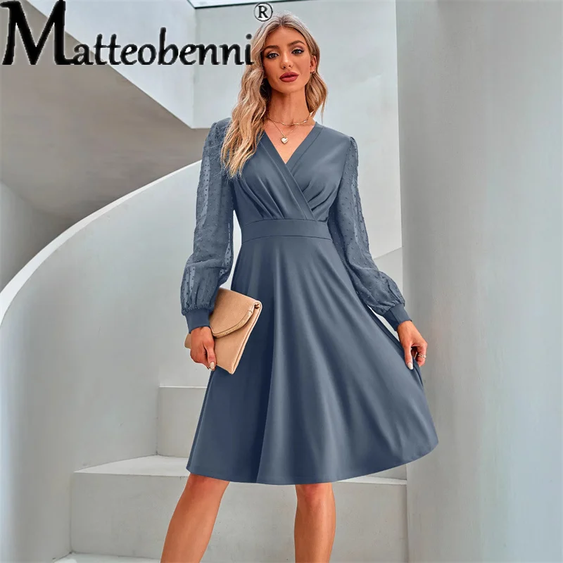 

Women Spring Autumn Elegant Solid Color Jacquard Dresses V Neck Pullover Mid Waist Dress Female Long Sleeve Casual Gown 2025