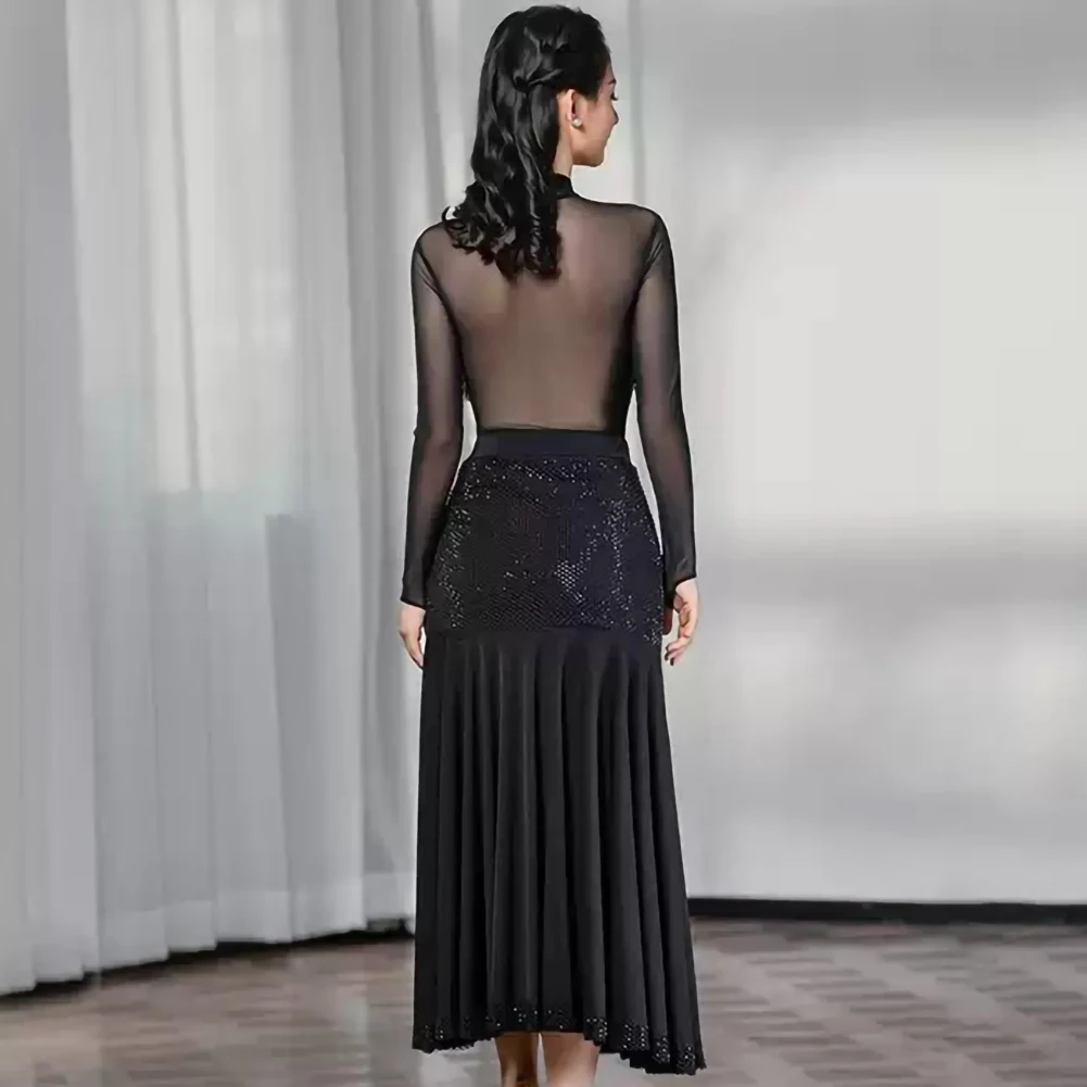 Vestido de competición estándar de manga larga, camisa, práctica de baile de salón, malla, escenario, vals negro, vestido de media longitud para salón de baile