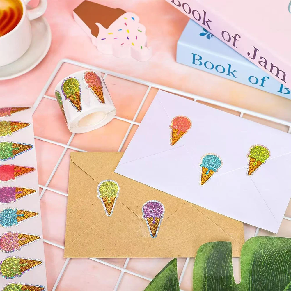 500pcs/Roll Laser Laser Colorful Ice Cream Sealing Stickers Holiday Birthday Handmade Decoration Decals Toys
