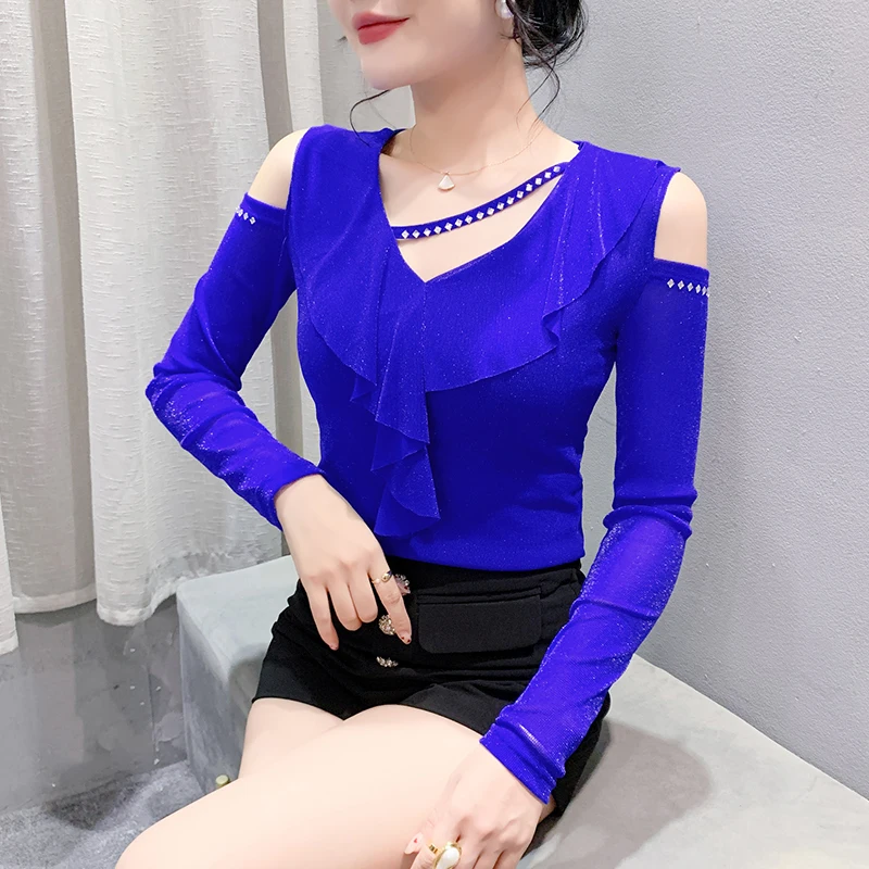 T-shirt Ele Long Sve V-Ne con perline da donna Summer Faion Street Sle Me under irt Top base con orlo in pizzo floreale