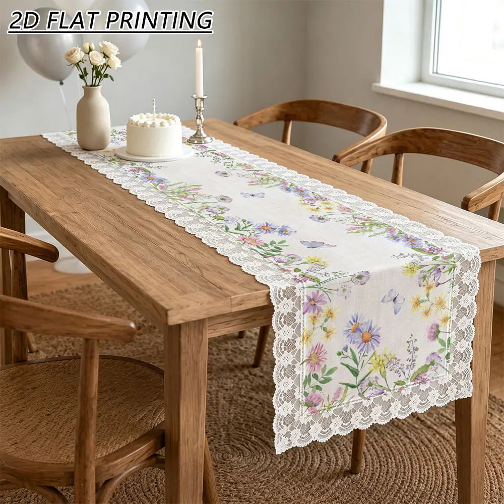1pc Watercolor Wildflower Butterfly Pattern Tulle Lace Table Runner For Bridal Shower Dining Event