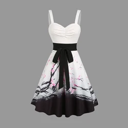Dressfo Summer Dresses for Womens 2024 Sweetheart Neck Plum Blossom Ombre Print Ruched Bust Tank Belt Summer Dress Sundresses