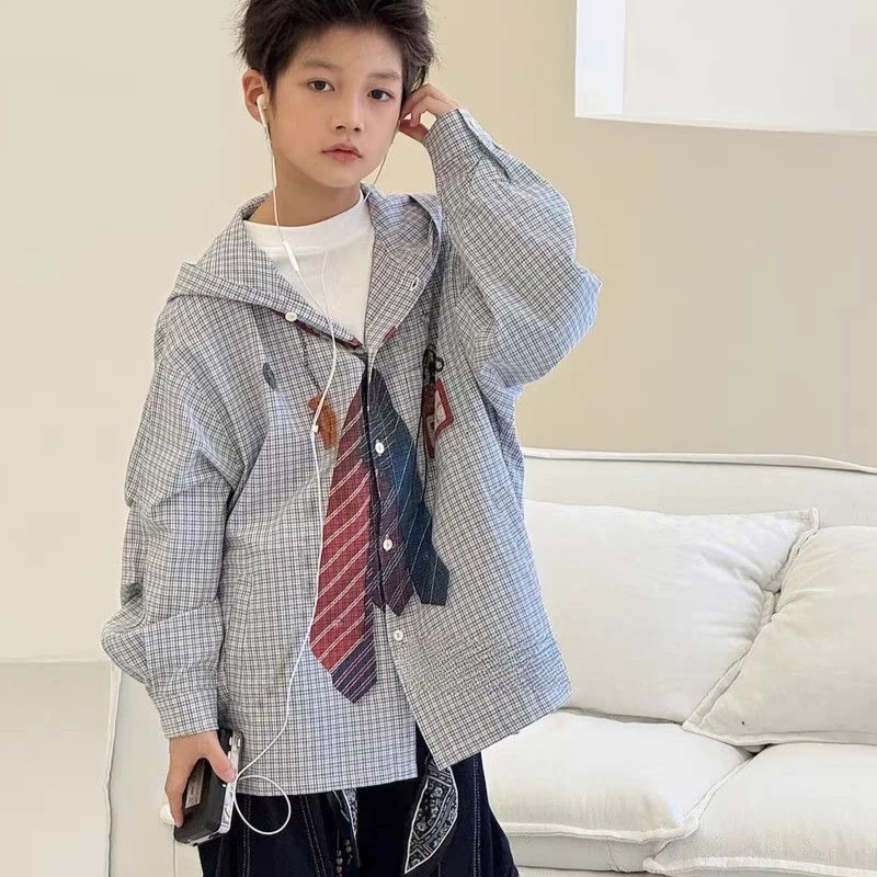 Boy's Plaid Shirt Jacket Spring Autumn New Style Korean Casual Loose Big Kids Trendy Top
