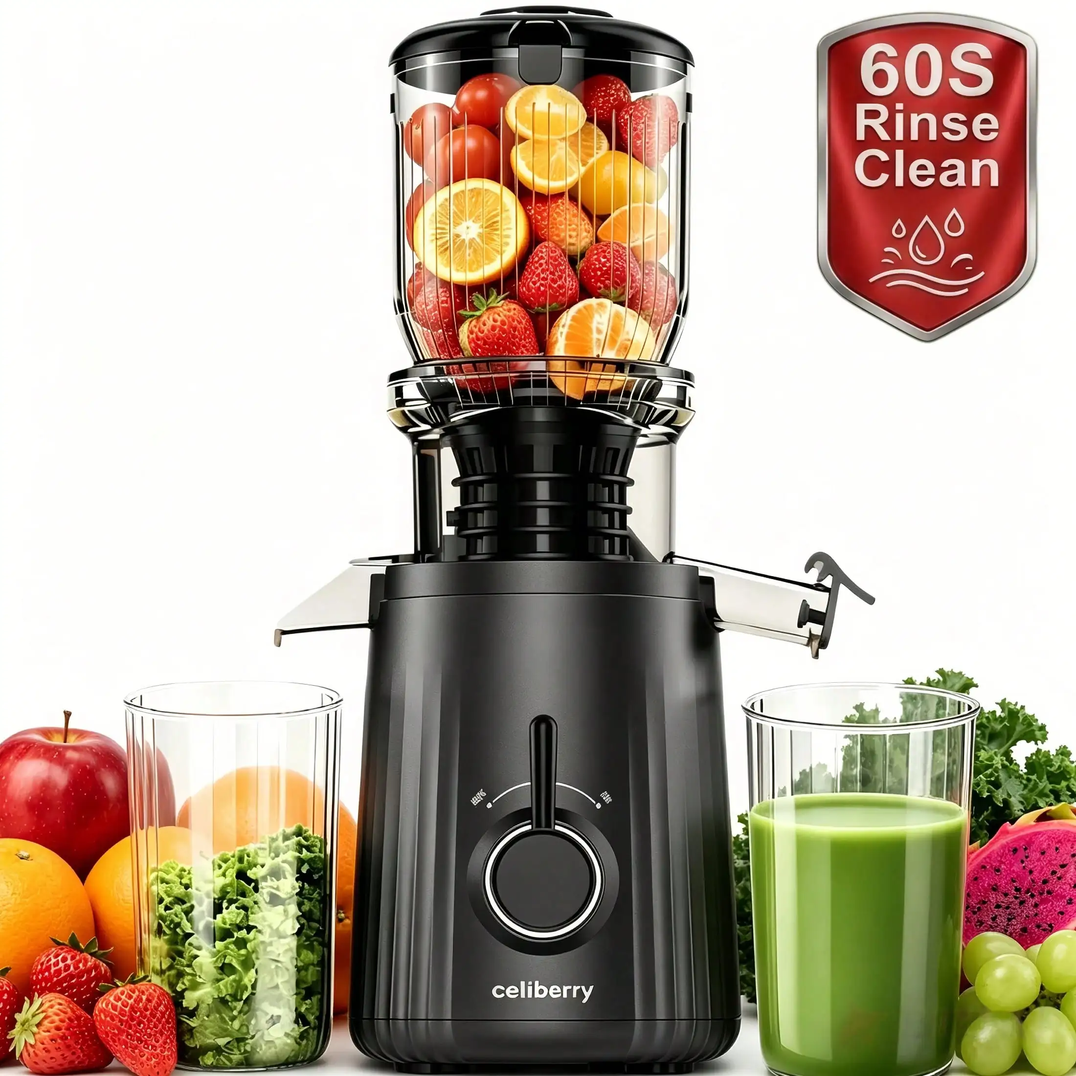 celiberry Cold Press Juicer Machines, Compact Slow Masticating Juicer With Large Chute For Whole Fruits & Vegetables, 60S Easy To Clean & Quiet Juice Extractor,Space Saving Design,99% Pure Juice, sv25082863354570311