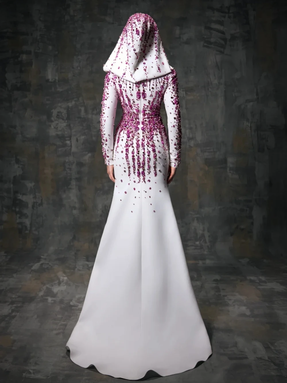 

Haute Couture White Muslim Evening Dress Hooded Headscarf Pink Crystal Beaded Prom Gown Customized Classy Exquisite Mermaid Wear